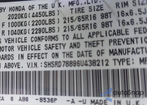 2006 Honda Cr-V Ex z USA, uszkodzony, nr VIN SHSRD78896U438212